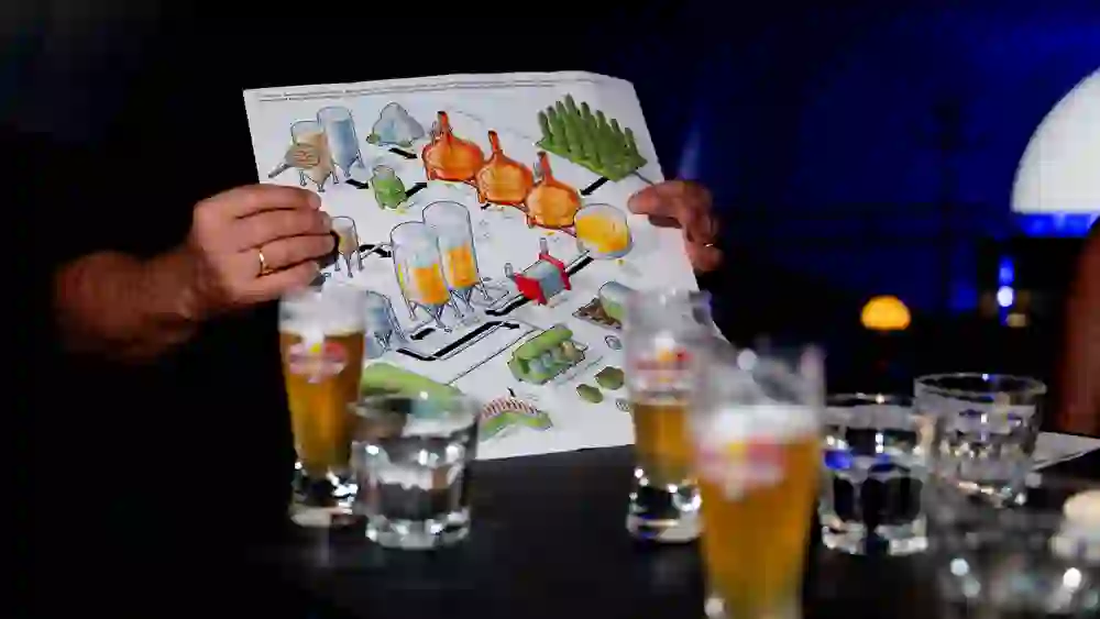 The picture shows a beer sommelier explaining the beer brewing process as part of the Pub Beer Tour city tour