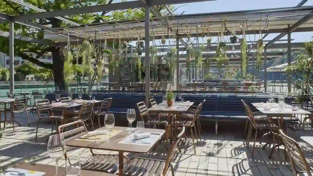 Auf dem Bild ist eine sonnige Terrasse eines Restaurants zu sehen. Die Atmosphäre wirkt einladend und entspannt, ideal für ein Mittagessen im Freien. Es gibt Holztische und Stühle, elegante Gläser auf den Tischen und hängende Pflanzen, die eine natürliche und frische Umgebung schaffen. Das Restaurant scheint eine moderne Ausstrahlung zu haben, mit einer klaren Struktur und einem offenen Konzept, das die umgebende Landschaft einbezieht.