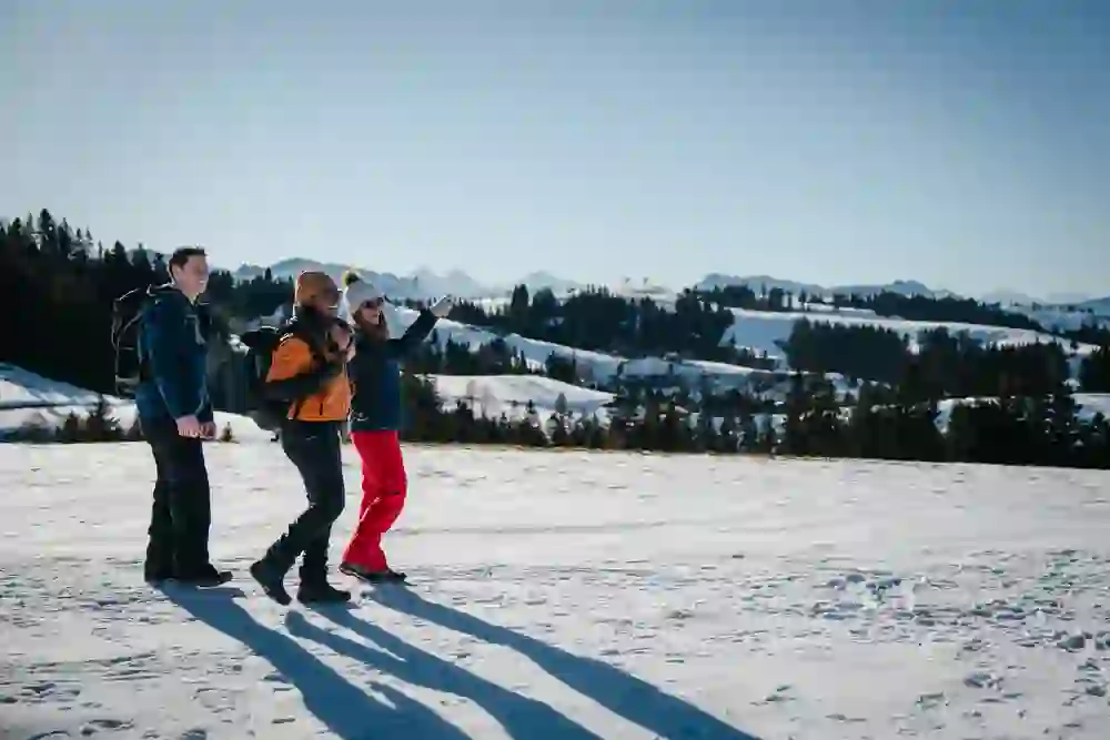 Drei Personen geniessen die Aussicht von der Alp Oberaltösch im Emmental bei einem Winterspaziergang. Die Sonne scheint und die Weitsicht auf die Berner Alpen ist wunderbar.