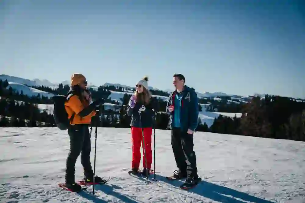 Drei Personen geniessen die Aussicht von der Alp Oberaltösch im Emmental bei einer Schneeschuhwanderung. Die Sonne scheint und die Weitsicht auf die Berner Alpen ist wunderbar.