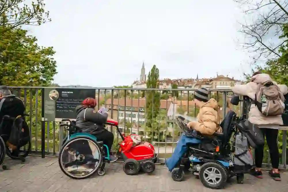 L'image montre des personnes en fauteuil roulant profitant d'une vue pittoresque sur une ville historique depuis une plate-forme d'observation. La scène dégage une impression de calme et d'inclusion, tandis que les visiteurs se détendent en observant les environs.