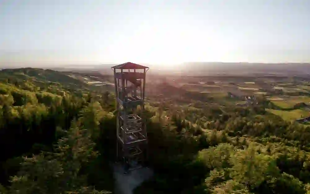 Ein Aussichtsturm ragt in den frühen Abendstunden auf der Fernsichtroute Frienisberg empor, umgeben von einem Wald, über dem die Sonne sanft untergeht und eine Atmosphäre der Ruhe und Bewunderung schafft.