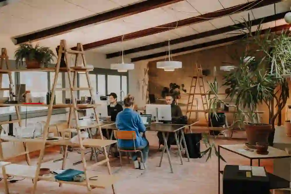 Das Bild zeigt ein modernes, gemütliches Coworking-Büro. Drei Personen arbeiten konzentriert an Computern in einem Raum voller Pflanzen und warmem Licht. Die Atmosphäre ist entspannt, kreativ und gemeinschaftlich. Die Einrichtung ist minimalistisch, aber einladend.