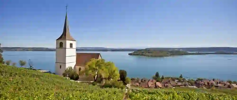 La chiesa sovrasta i vigneti di Ligerz, una sentinella silenziosa di fronte al vasto lago di Bienne, immersa in un ambiente che irradia tranquillità e un profondo legame con la natura.