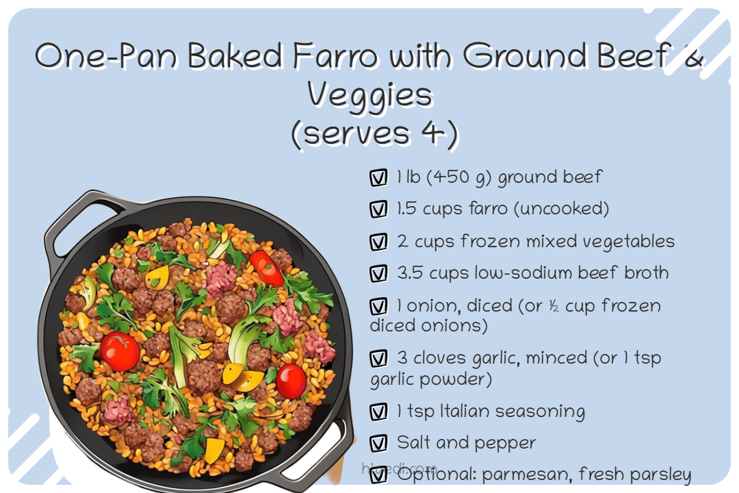 One-pan baked farro with ground beef and vegetables - dump-and-bake gestational diabetes meal