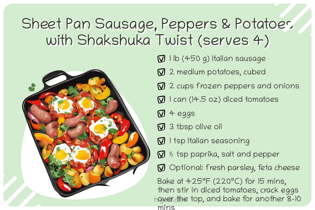 Sheet pan sausage with peppers, potatoes, and eggs - shakshuka-style gestational diabetes dinner