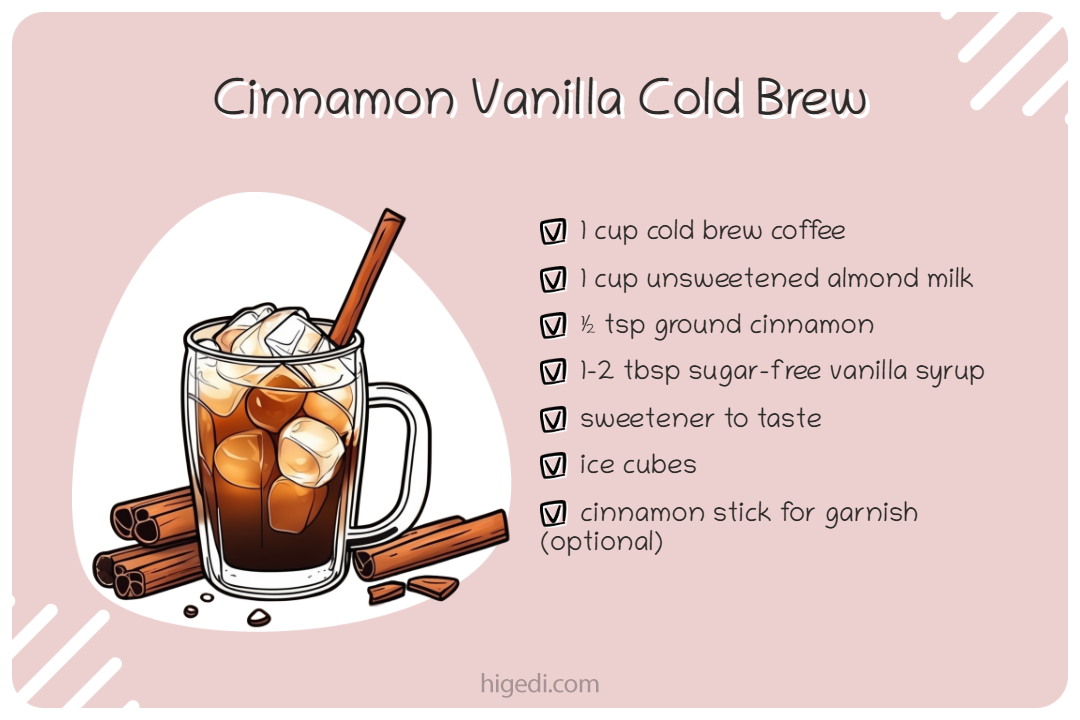 Cinnamon vanilla cold brew coffee with unsweetened almond milk - gestational diabetes friendly