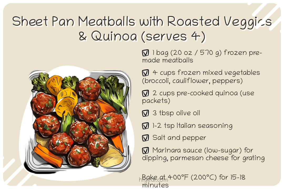 Sheet pan meatballs with roasted vegetables and quinoa - easy gestational diabetes dinner
