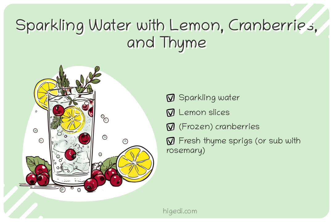 Festive drink with sparkling water, lemon and cranberries for gestational diabetes pregnancy