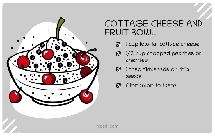 Cottage cheese bowl topped with cherries and chia seeds - low carb gestational diabetes snack