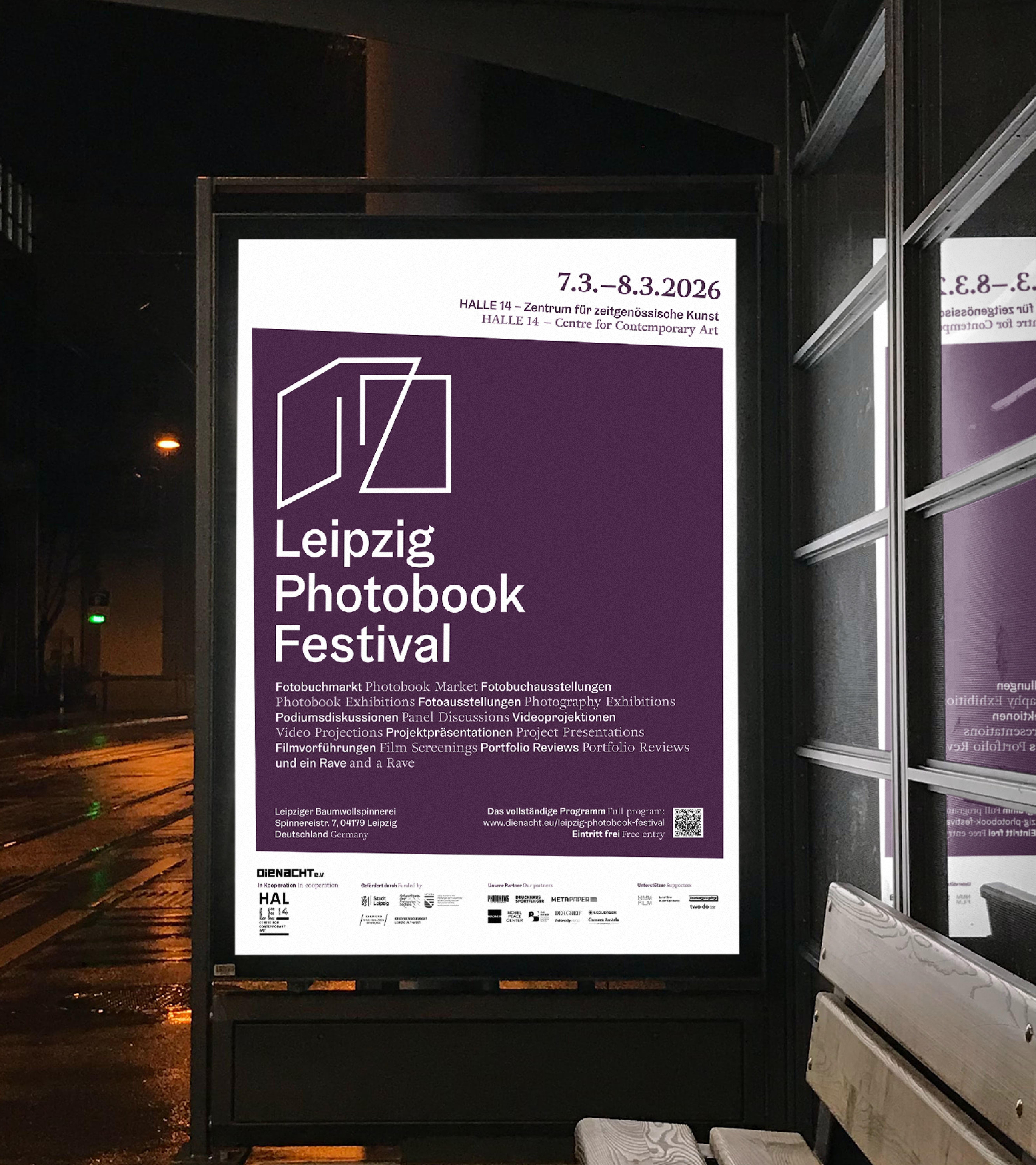 Leipzig Photobook Festival Image of the festival poster. It´s purple with a white logo of the festival.