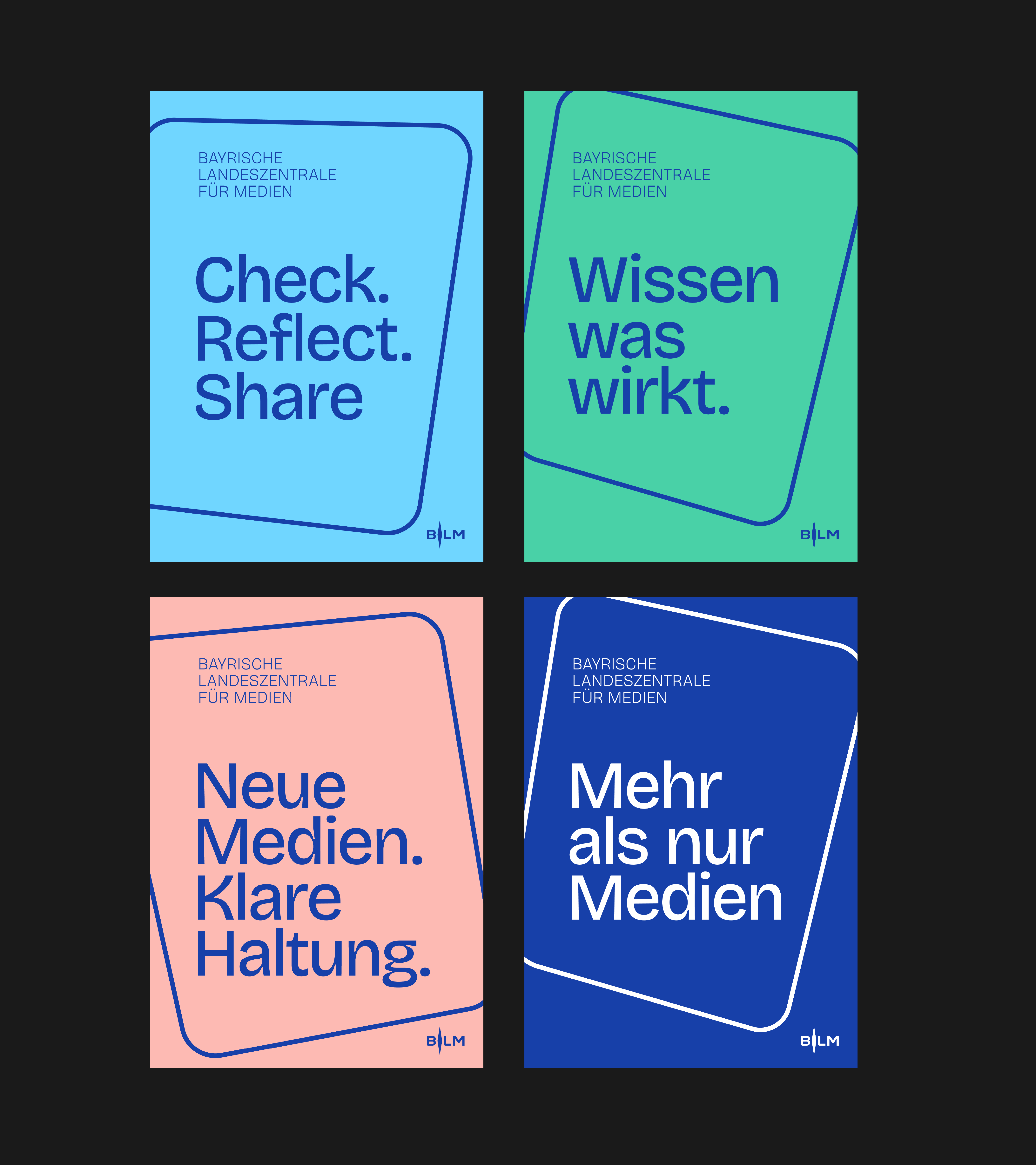 Bayerische Landeszentrale für neue Medien Vier bunte Plakate der Bayerischen Landeszentrale für Medien mit klaren Botschaften und minimalistischer Typografie in Blau, Grün, Rosa und Dunkelblau.