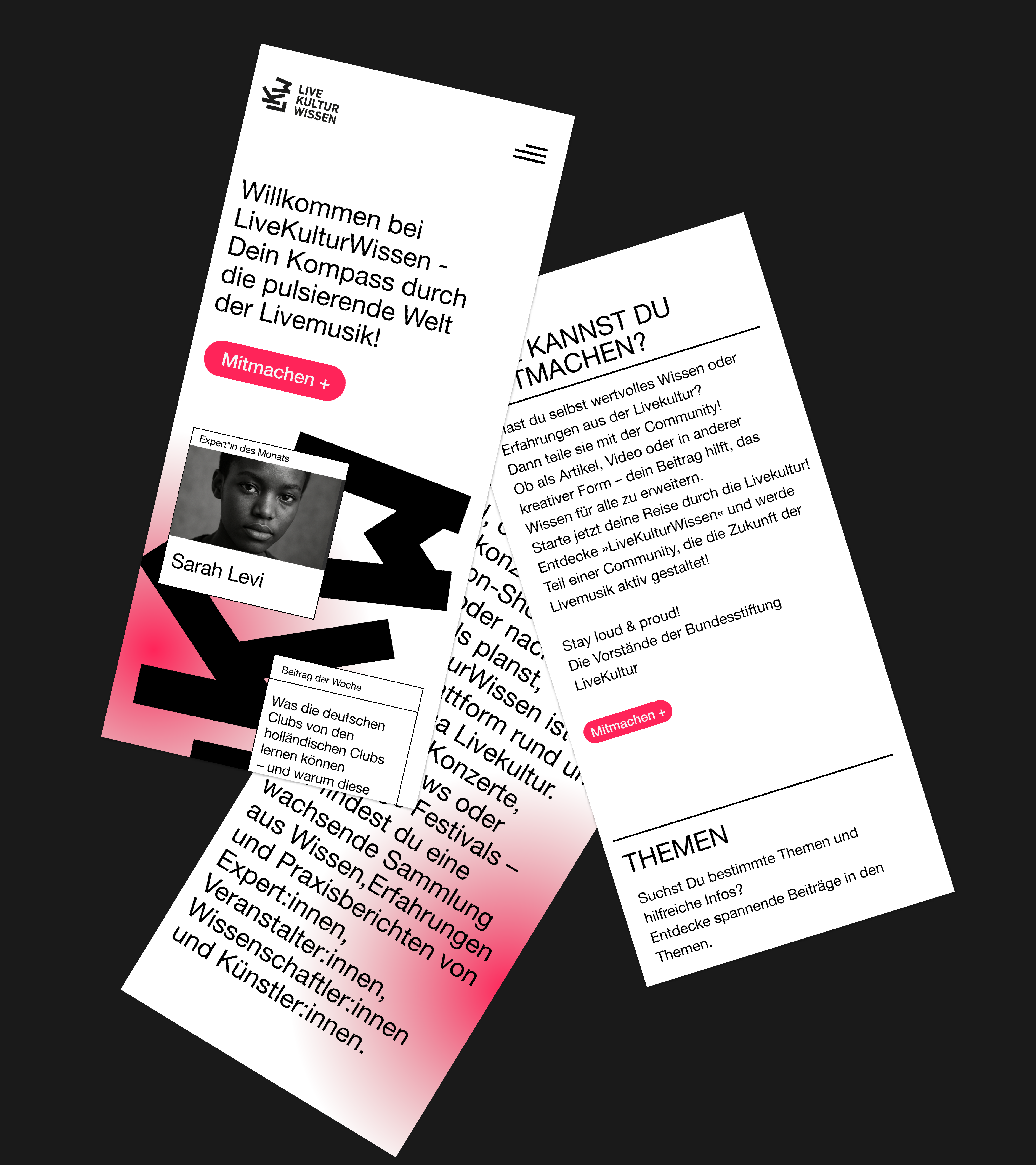 Datenbank für LiveKulturWissen dynamisch angeordnete Handy-Screens der LiveKulturWissen Plattform. Die Seite ist in schwarz-weiß mit pinken highlites.