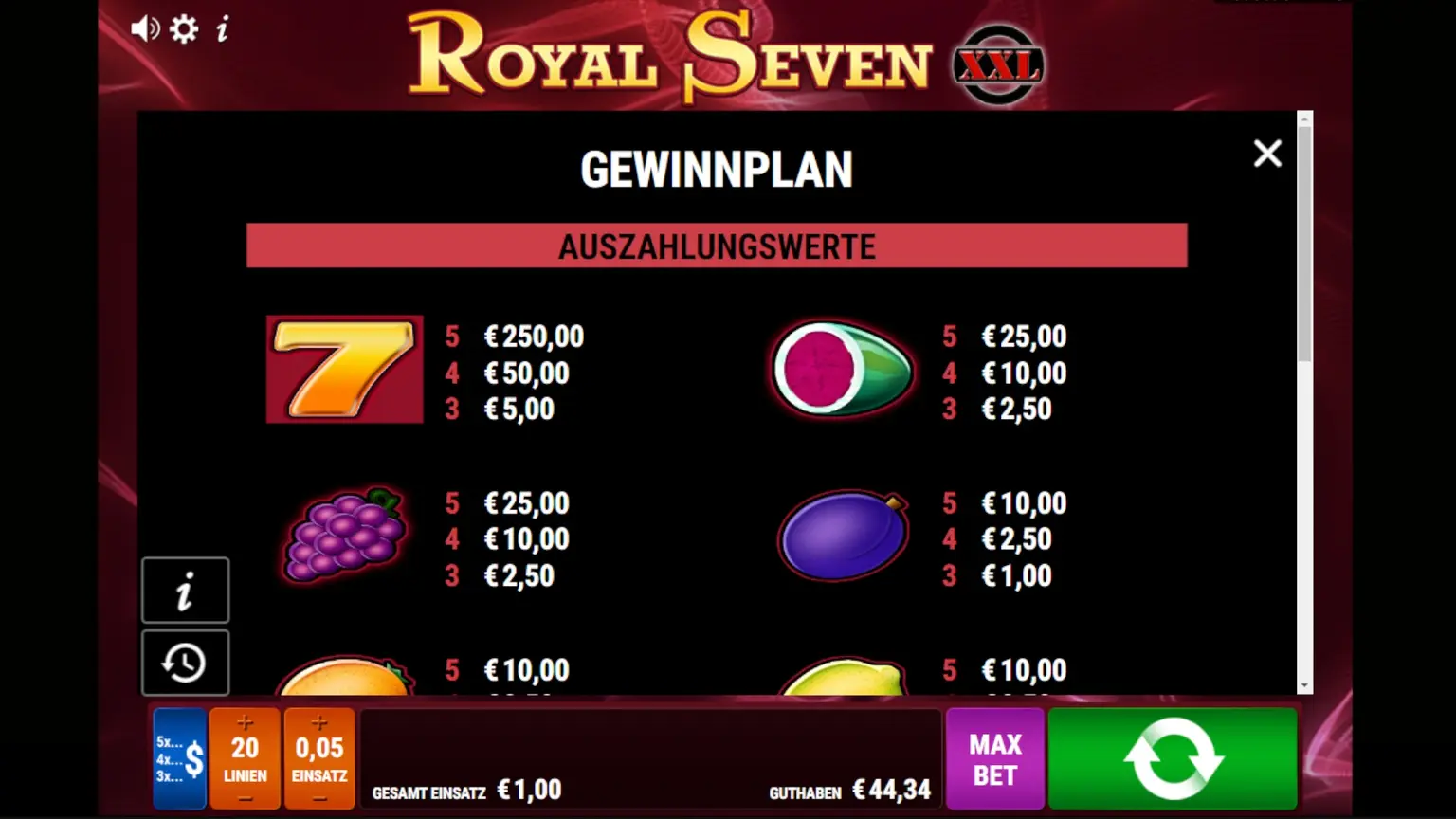 Royal Seven XXl Auszahlungswerte