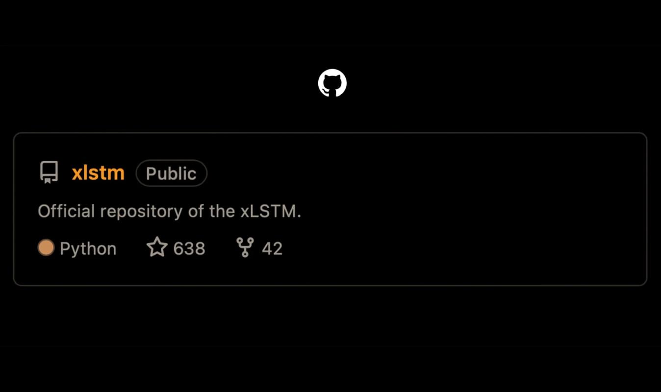 Dark GitHub banner showing the public ‘xlstm’ repository with description ‘Official repository of the xLSTM’ and Python, star, and fork counts