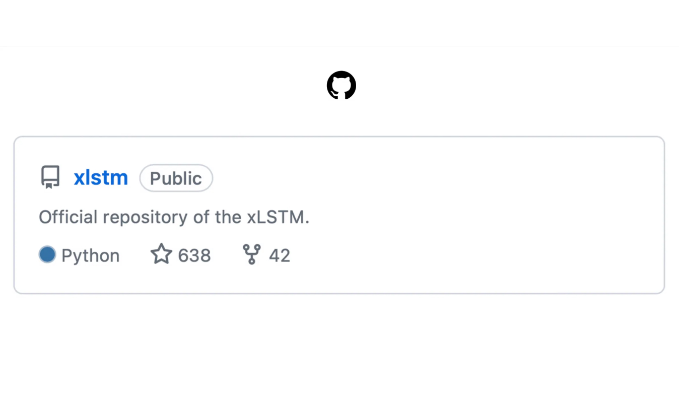 GitHub banner showing the public ‘xlstm’ repository with description ‘Official repository of the xLSTM’ and Python, star, and fork counts
