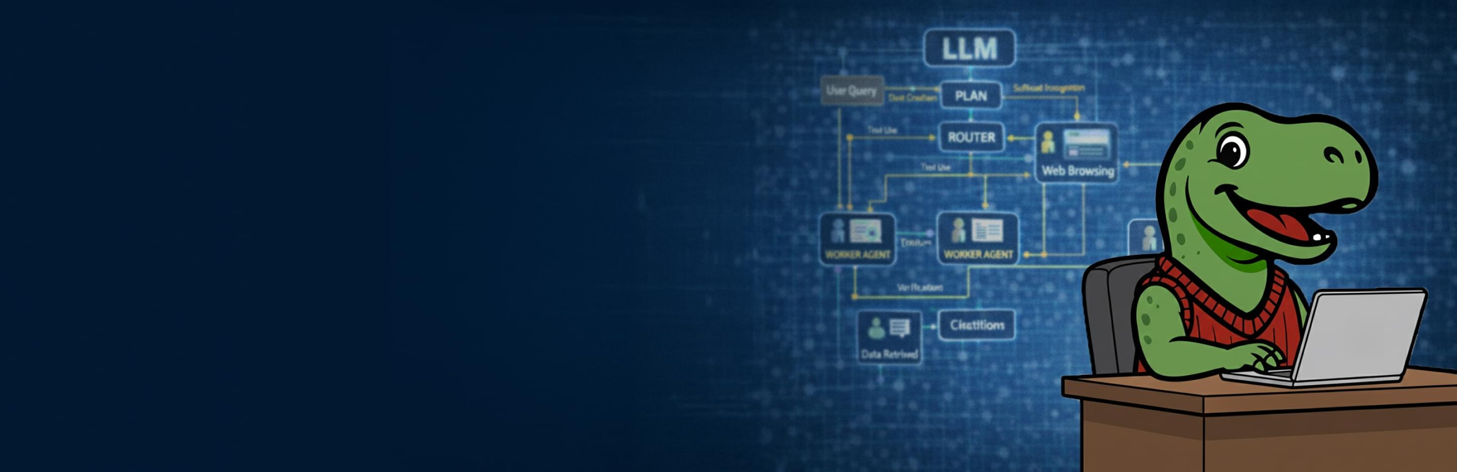 TiRex wearing a sweater sits at a desk using a laptop, with a blue background showing an LLM workflow diagram featuring planning, routing, web browsing, and worker agents