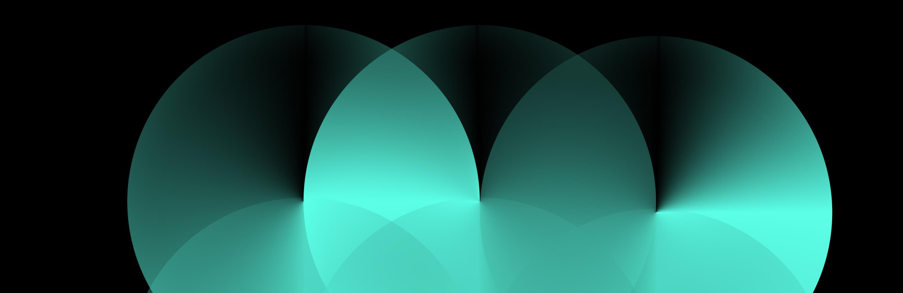 Abstract graphic of overlapping glowing turquoise circles on a black background, forming a soft radial light pattern.