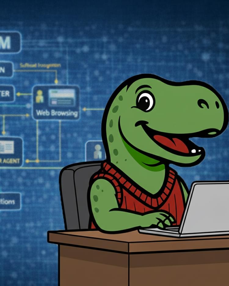 TiRex wearing a sweater sits at a desk using a laptop, with a blue background showing an LLM workflow diagram featuring planning, routing, web browsing, and worker agents