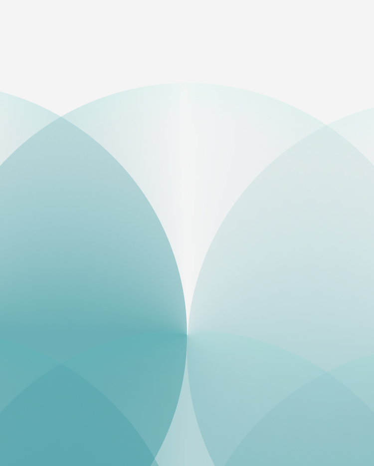 Abstract graphic of overlapping glowing turquoise circles on a black background, forming a soft radial light pattern.