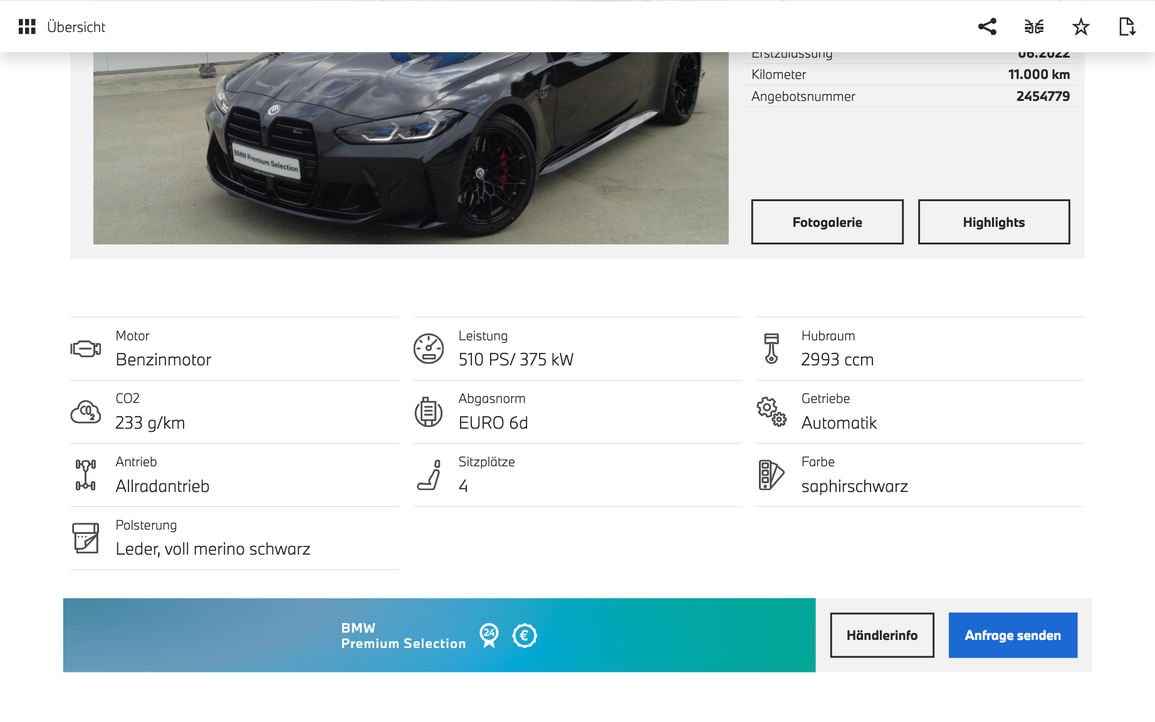 Detailübersicht eines Autos bei der BMW Börse