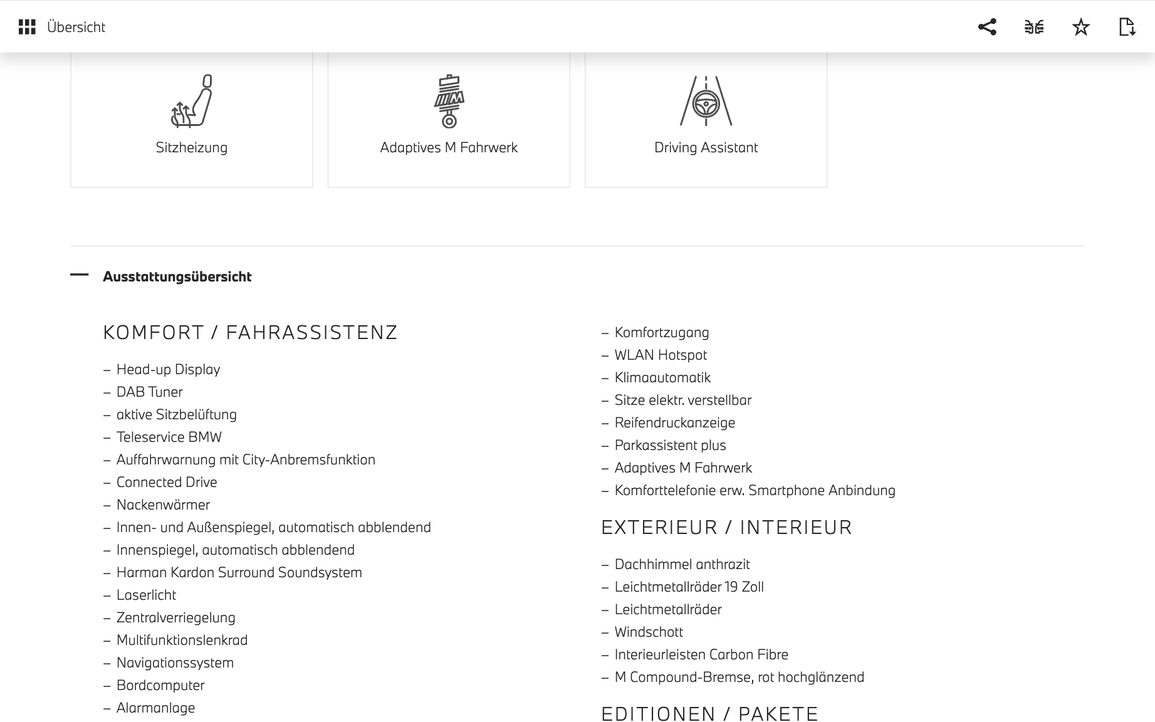Ausstattungsübersicht eines Autos bei der BMW Börse