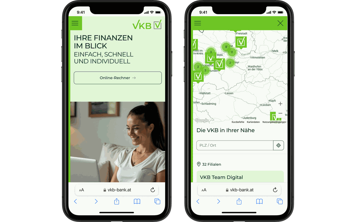 Ansichten des VKB Online Rechners und der Standortsuche.