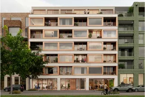 Visualisierung der Kanalfassade des Wohngebäudes Prisma mit hellen Putzelementen und kupferfarbenen Fensterrahmen