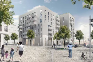 Rendering Neubau Sportlerhaus, mit grauer Keramikfassade auf WDVS von Sto