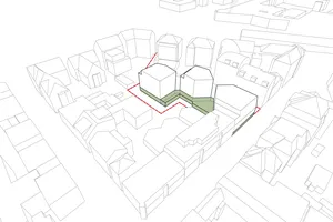 Site diagram showing three buildings on a shared plinth within a dense urban context.