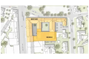 Lageplan des Amtsgerichts Freiburg mit Bestand und Neubau im Innenhof der Blockrandbebauung