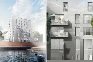 Rendering-Collage neues Sportlerhaus Hamburg mit hellgrauer Keramikfassade auf WDVS von Sto