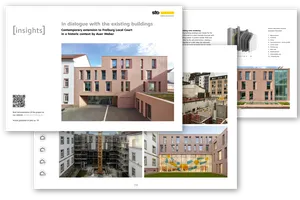 Collage aus Titelseite und Innenseiten der [ark] Case Study zur Erweiterung des Amtsgerichts Freiburg