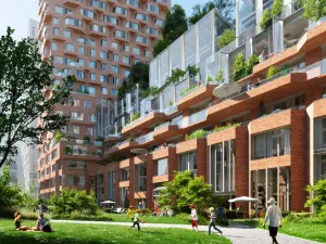 Begrünter, belebter Innenhof des Gebäudekomplexes „De Puls“ Amsterdam 