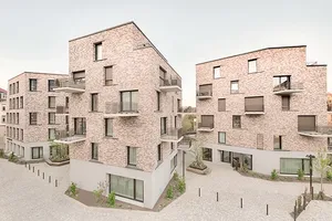 A view of the ensemble of three residential buildings in Ludwigsburg as part of an inner-city densification project