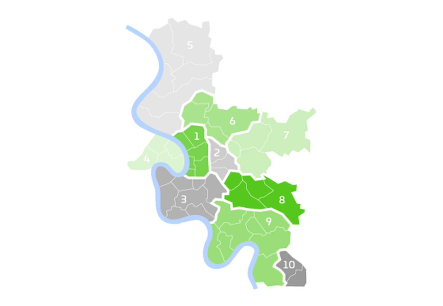 Karte mit Übersicht der 10 Stadtbezirke in Düsseldorf