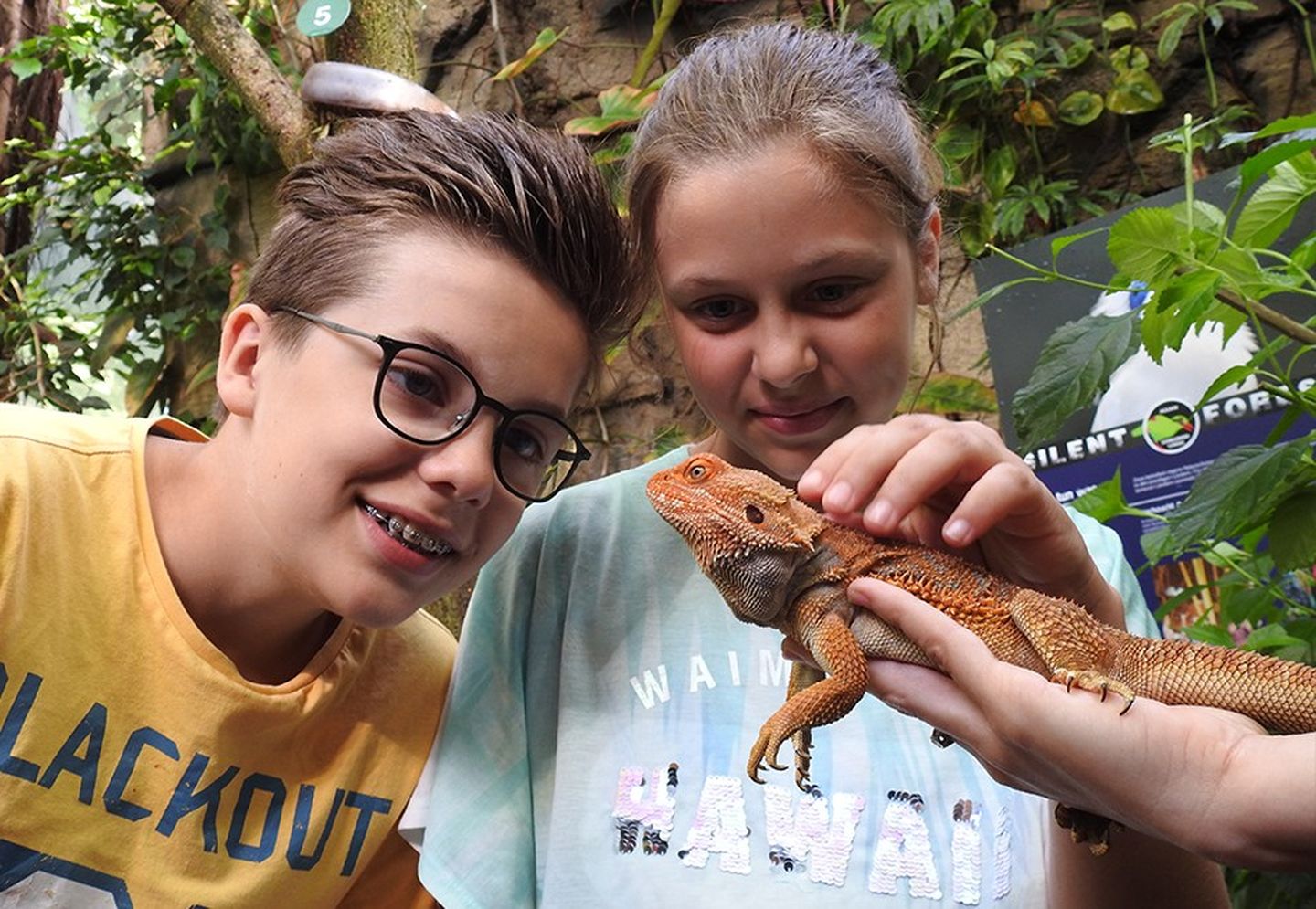 Ein Junge und ein Mädchen gehen mit einer Echse auf Tuchfühlung.