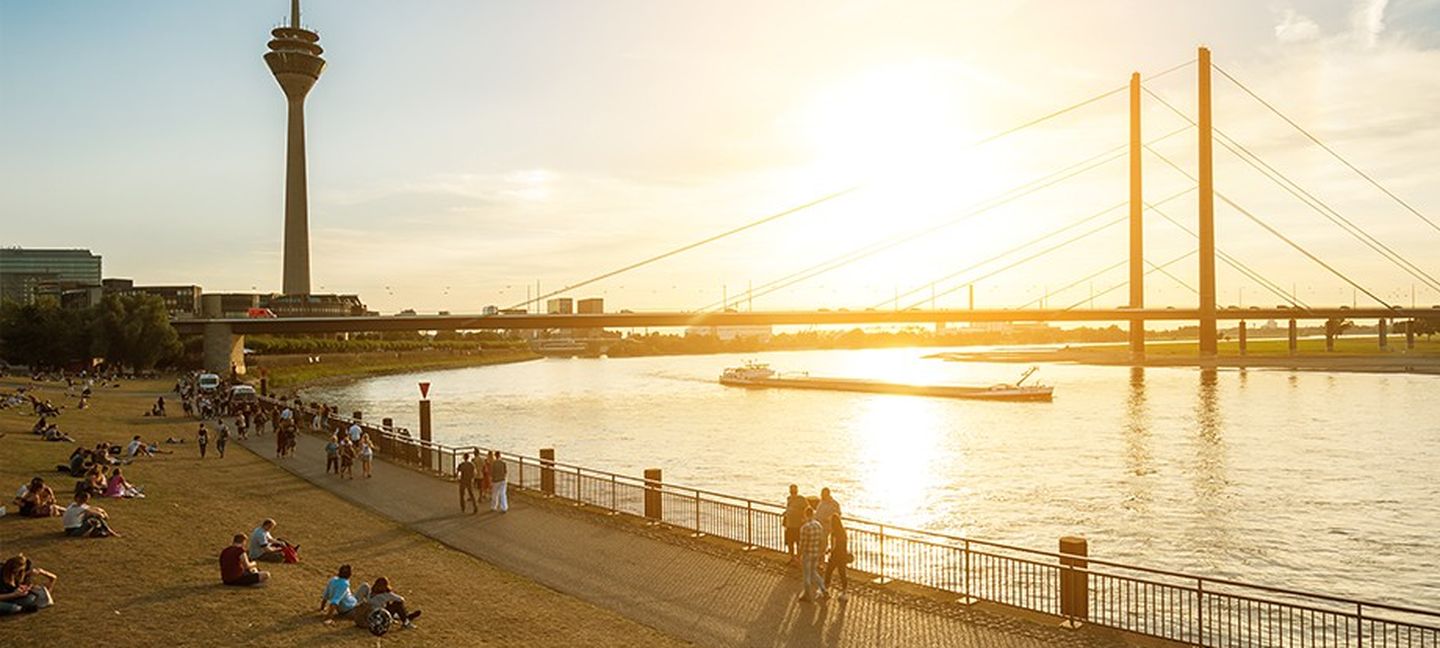 Rheinturm und Rheinkniebrücke werden von der untergehenden Sonne in goldenes Licht getaucht.