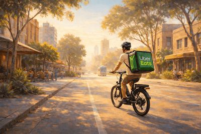A working holiday delivery guy wearing a helmet rides a bike with an Uber Eats bag on a sunlit city street, surrounded by trees and buildings.