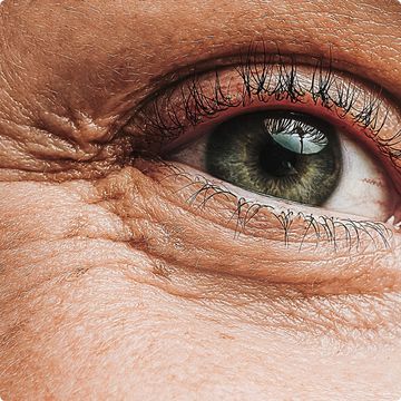 A macro close-up of a green eye with visible fine lines and wrinkles on the surrounding skin showing natural ageing