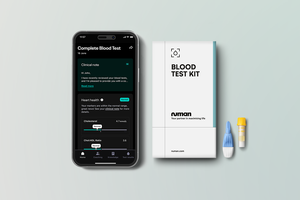 Numan blood tests, diagnostics, and advanced app for tracking results A smartphone showing blood test results in the Numan app, and a Numan blood test kit with lancet and vial.