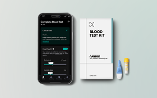A smartphone showing blood test results in the Numan app, and a Numan blood test kit with lancet and vial.