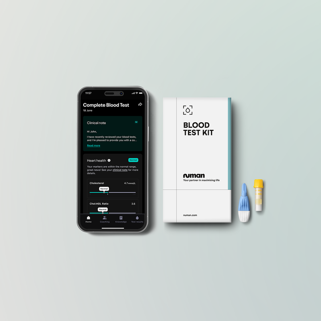 A smartphone showing blood test results in the Numan app, and a Numan blood test kit with lancet and vial.
