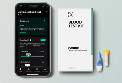 A smartphone showing blood test results in the Numan app, and a Numan blood test kit with lancet and vial.