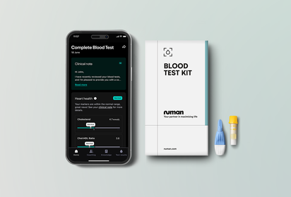 A smartphone showing blood test results in the Numan app, and a Numan blood test kit with lancet and vial.