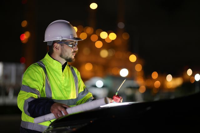 man in high vis and hard hat working a night shift
