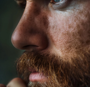 Man looking to the side thinking Bearded man looking to the side with a contemplative look.