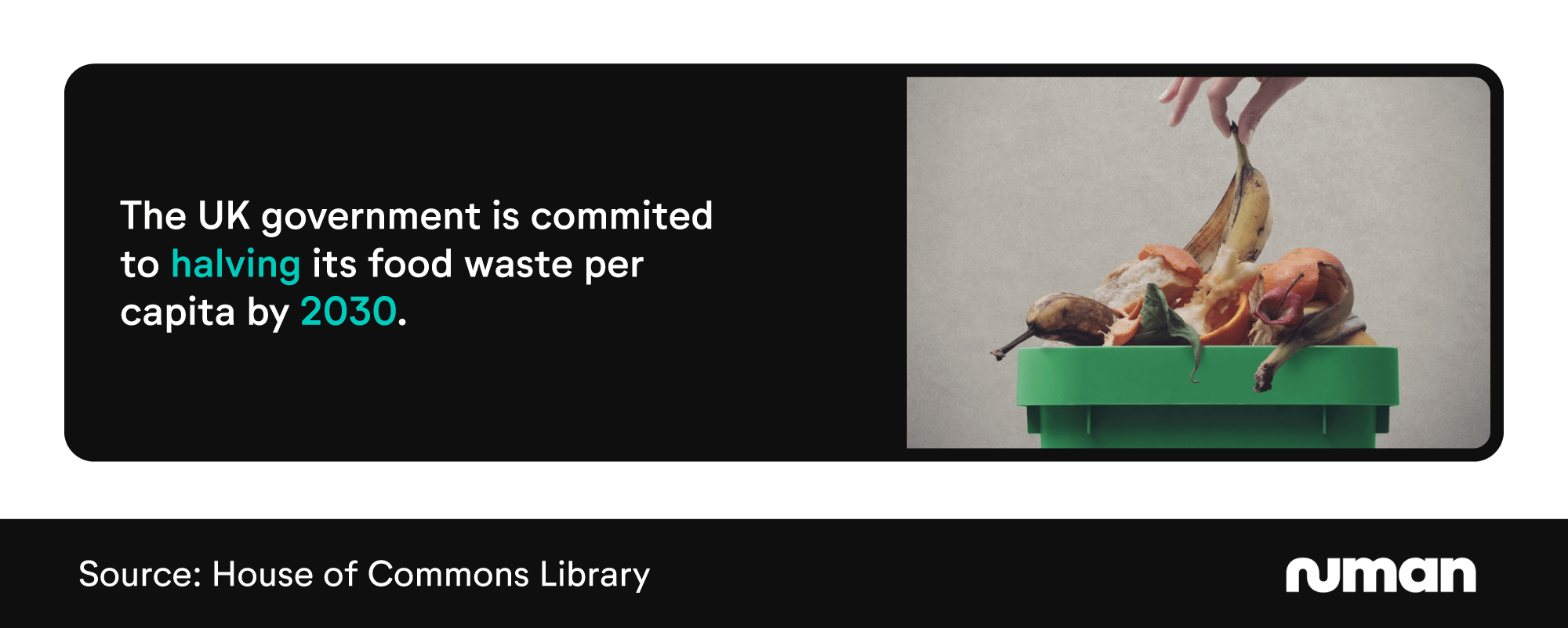 Mini infographic outlining the UK government's commitment to halving food waste by 2030
