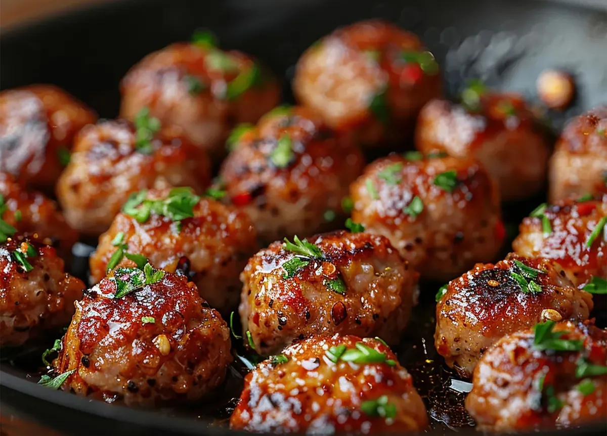 Close-up of savory meatballs garnished with herbs and seasoning, sizzling in a black skillet.
