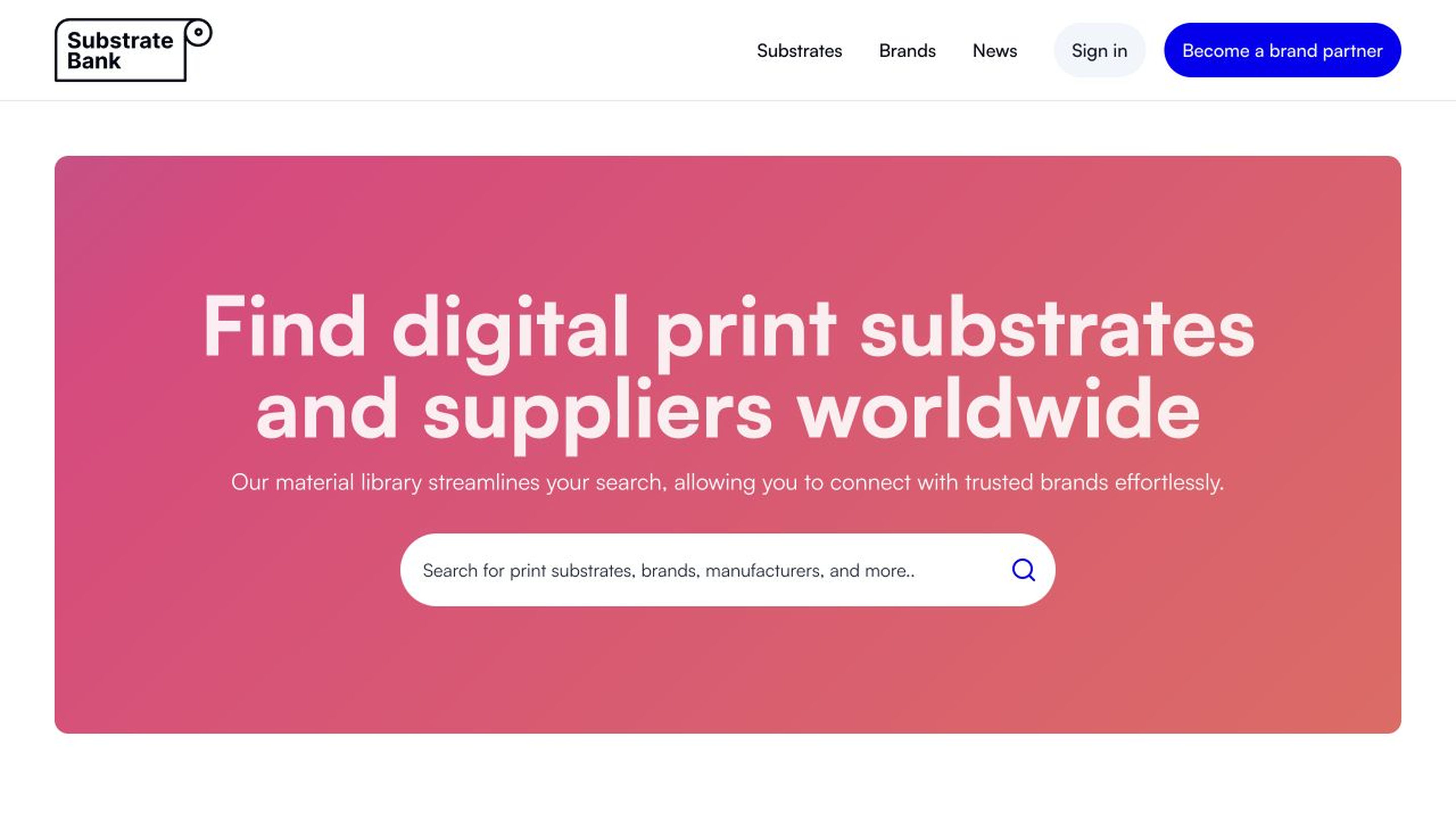 Substrate Bank desktop homepage and material search